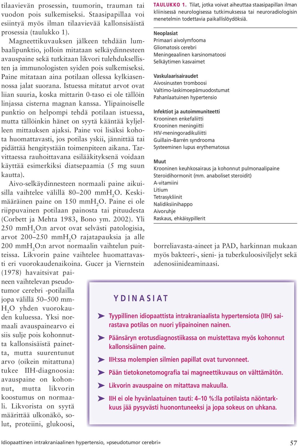 Paine mitataan aina potilaan ollessa kylkiasennossa jalat suorana. Istuessa mitatut arvot ovat liian suuria, koska mittarin 0 taso ei ole tällöin linjassa cisterna magnan kanssa.