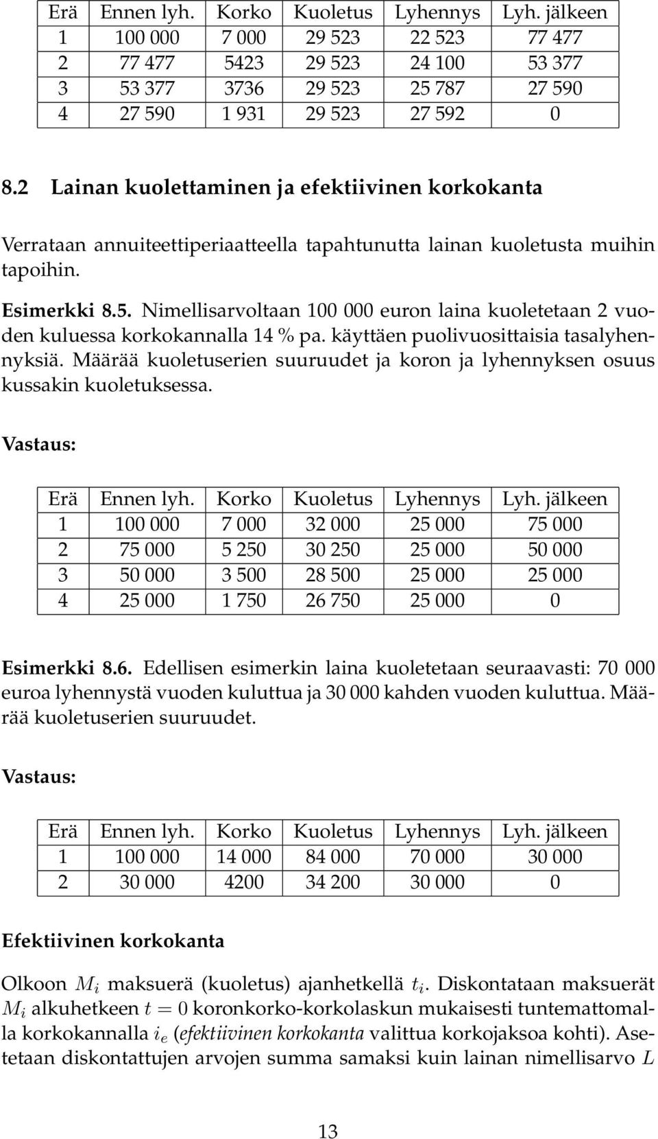 Nimellisarvoltaan 00 000 euron laina kuoletetaan 2 vuoden kuluessa korkokannalla 4 % pa. käyttäen puolivuosittaisia tasalyhennyksiä.