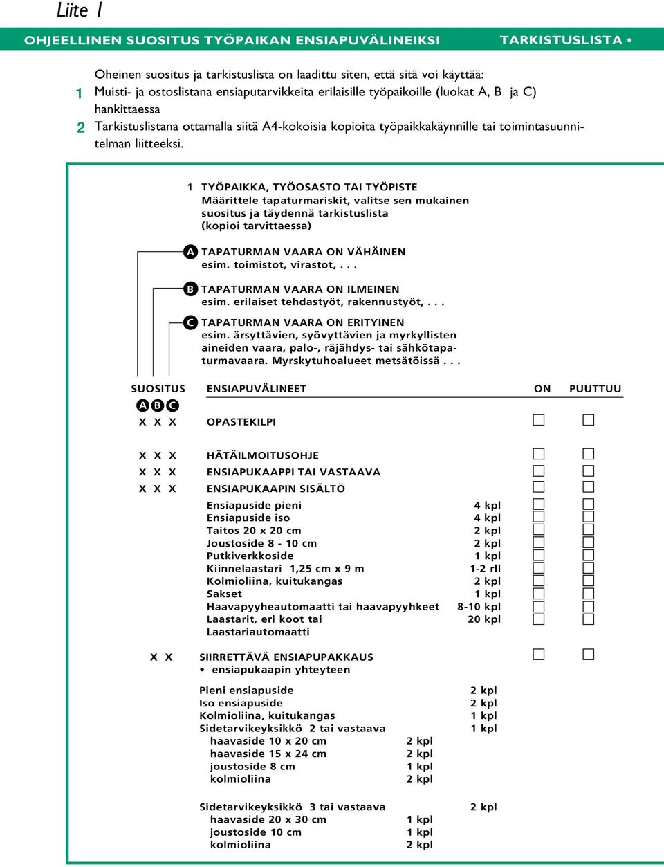 1 TYÖPAIKKA, TYÖOSASTO TAI TYÖPISTE Määrittele tapaturmariskit, valitse sen mukainen suositus ja täydennä tarkistuslista (kopioi tarvittaessa) A TAPATURMAN VAARA ON VÄHÄINEN esim.