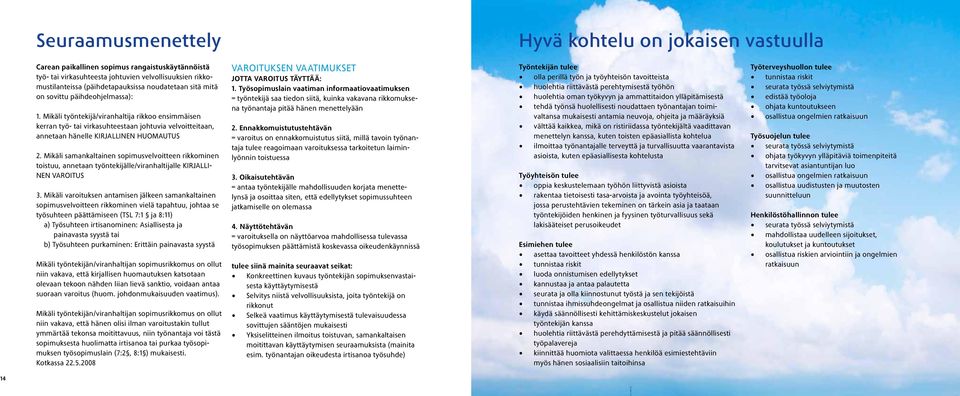 Mikäli työntekijä/viranhaltija rikkoo ensimmäisen kerran työ- tai virkasuhteestaan johtuvia velvoitteitaan, annetaan hänelle KIRJALLINEN HUOMAUTUS 2.