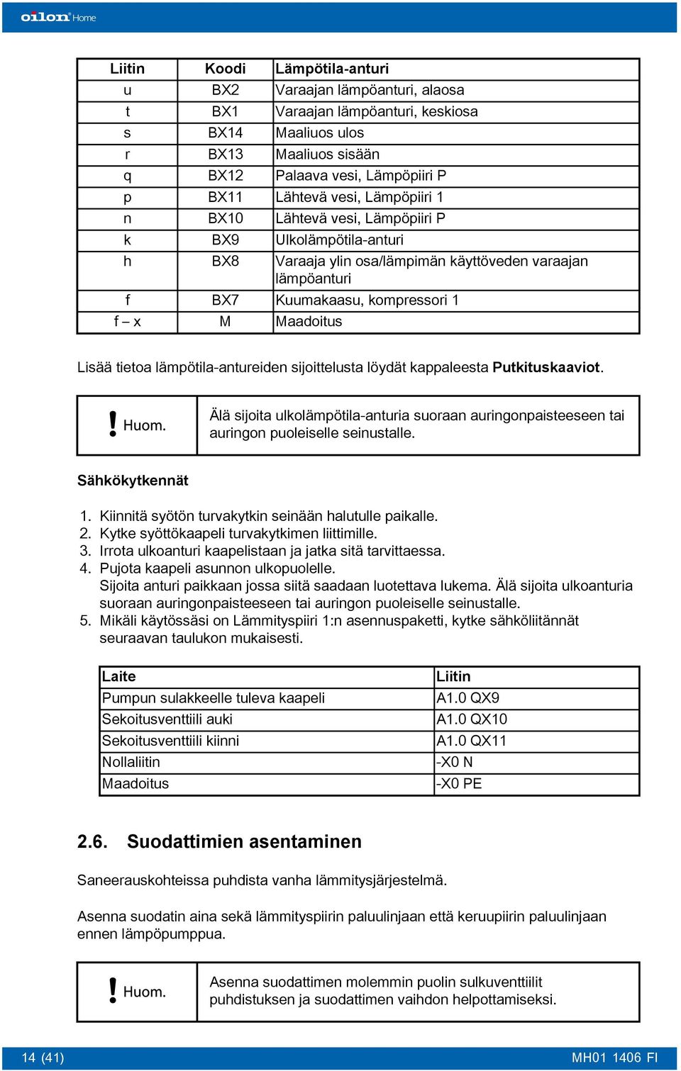 tietoa lämpötila-antureiden sijoittelusta löydät kappaleesta Putkituskaaviot. Älä sijoita ulkolämpötila-anturia suoraan auringonpaisteeseen tai auringon puoleiselle seinustalle. Sähkökytkennät 1.