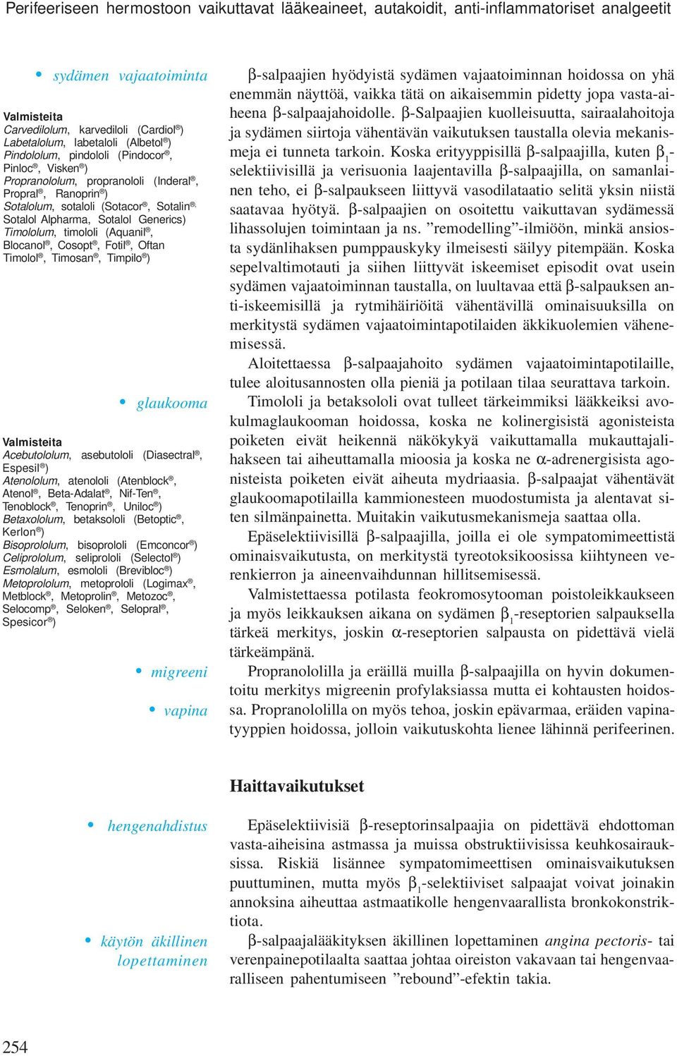 timololi (Aquanil, Blocanol, Cosopt, Fotil, Oftan Timolol, Timosan, Timpilo ) glaukooma Valmisteita Acebutololum, asebutololi (Diasectral, Espesil ) Atenololum, atenololi (Atenblock, Atenol,