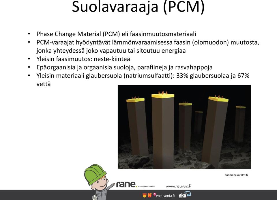 energiaa Yleisin faasimuutos: neste-kiinteä Epäorgaanisia ja orgaanisia suoloja, parafiineja ja