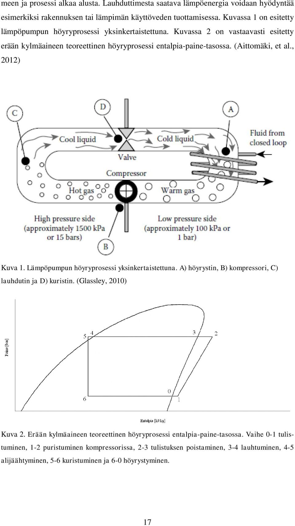 (Aittomäki, et al., 2012) Kuva 1. Lämpöpumpun höyryprosessi yksinkertaistettuna. A) höyrystin, B) kompressori, C) lauhdutin ja D) kuristin. (Glassley, 2010) Kuva 2.