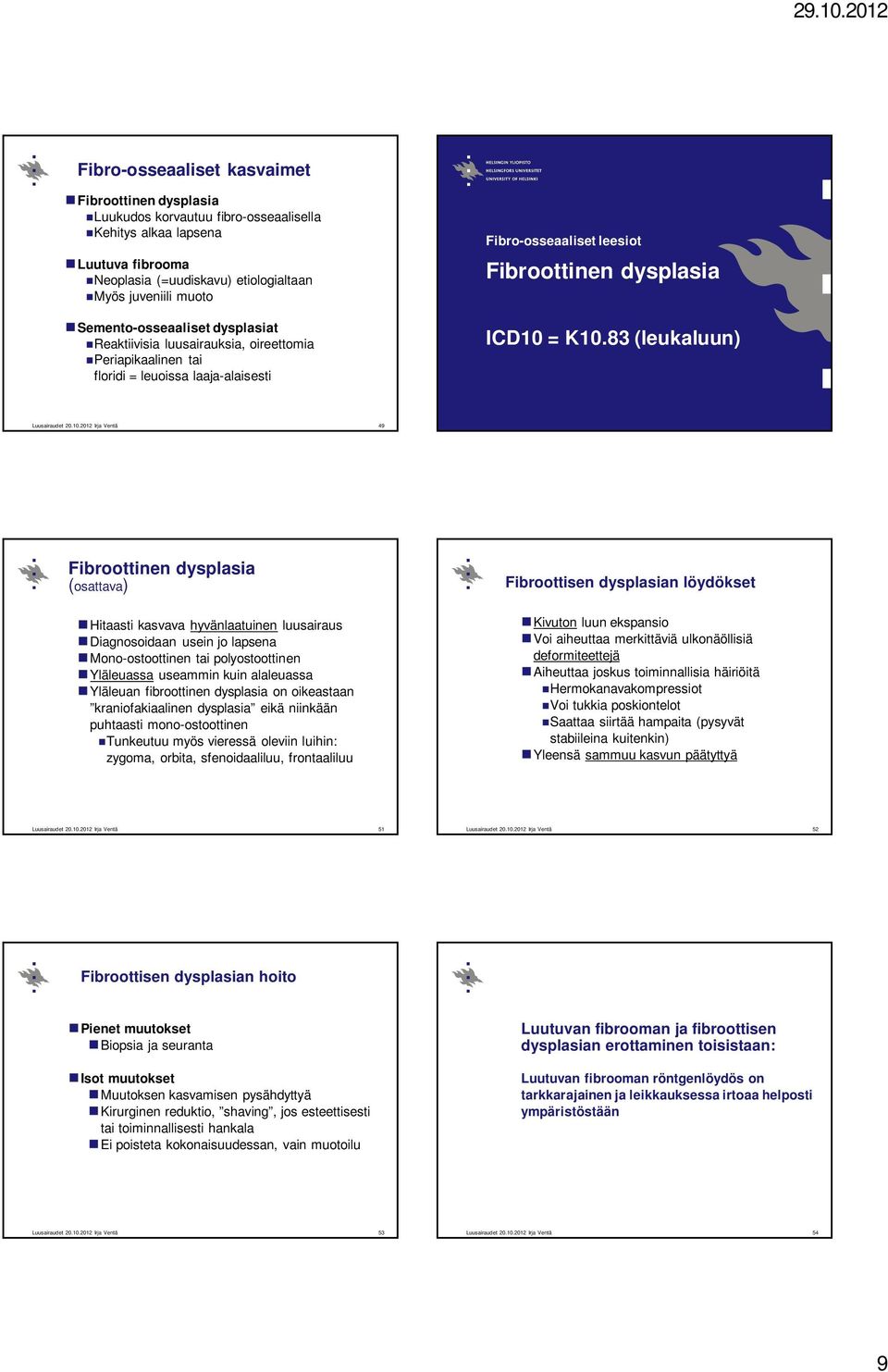 83 (leukaluun) 49 Fibroottinen dysplasia (osattava) Fibroottisen dysplasian löydökset Hitaasti kasvava hyvänlaatuinen luusairaus Diagnosoidaan usein jo lapsena Mono-ostoottinen tai polyostoottinen