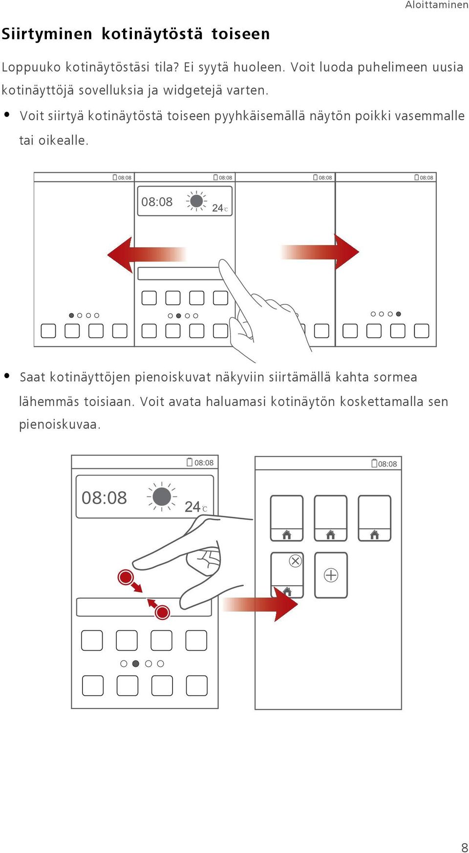 Voit siirtyä kotinäytöstä toiseen pyyhkäisemällä näytön poikki vasemmalle tai oikealle.