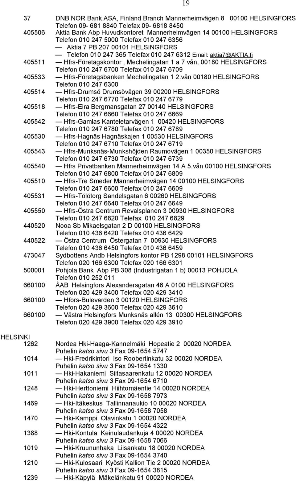 fi 405511 Hfrs-Företagskontor, Mechelingatan 1 a 7 vån, 00180 HELSINGFORS Telefon 010 247 6700 Telefax 010 247 6709 405533 Hfrs-Företagsbanken Mechelingatan 1 2.