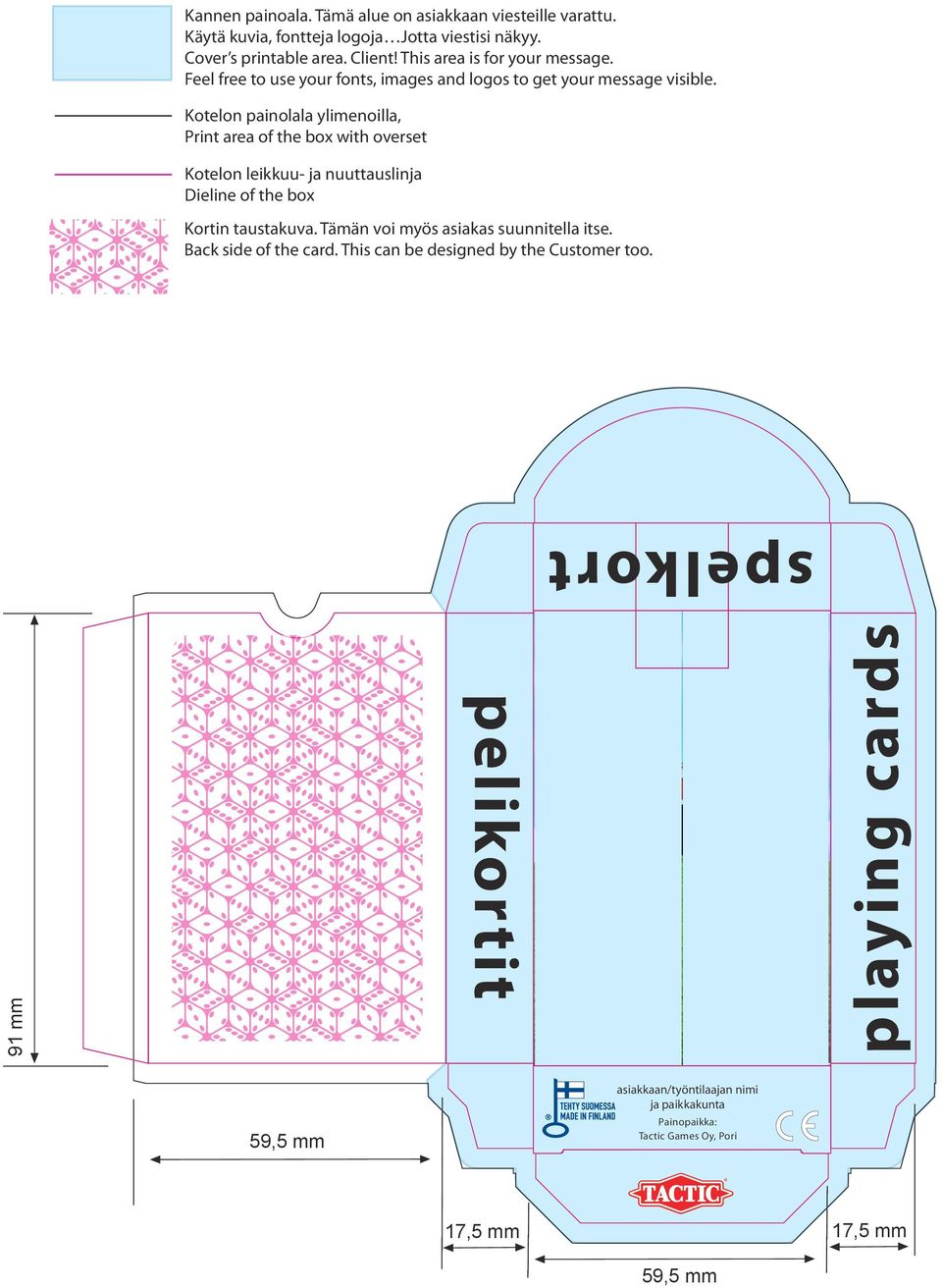 Kotelon painolala ylimenoilla, Print area of the box with overset Kotelon leikkuu- ja nuuttauslinja Dieline of the box Kortin taustakuva.