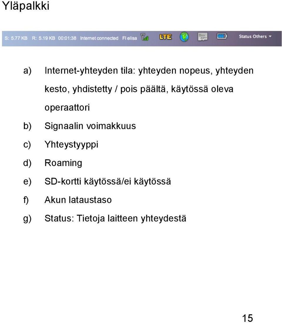 Signaalin voimakkuus c) Yhteystyyppi d) Roaming e) SD-kortti