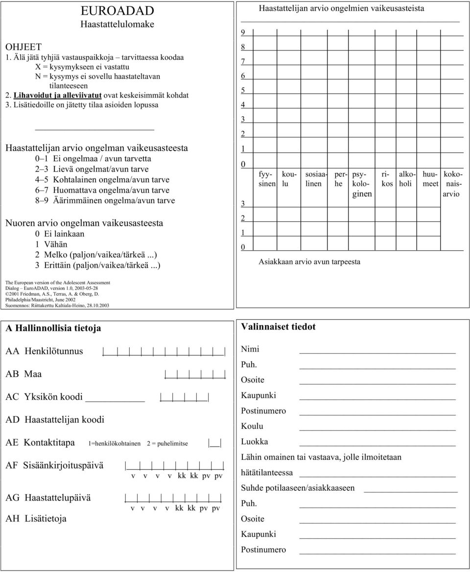 Lisätiedoille on jätetty tilaa asioiden lopussa Haastattelijan arvio ongelman vaikeusasteesta 0 1 Ei ongelmaa / avun tarvetta 2 3 Lievä ongelmat/avun tarve 4 5 Kohtalainen ongelma/avun tarve 6 7