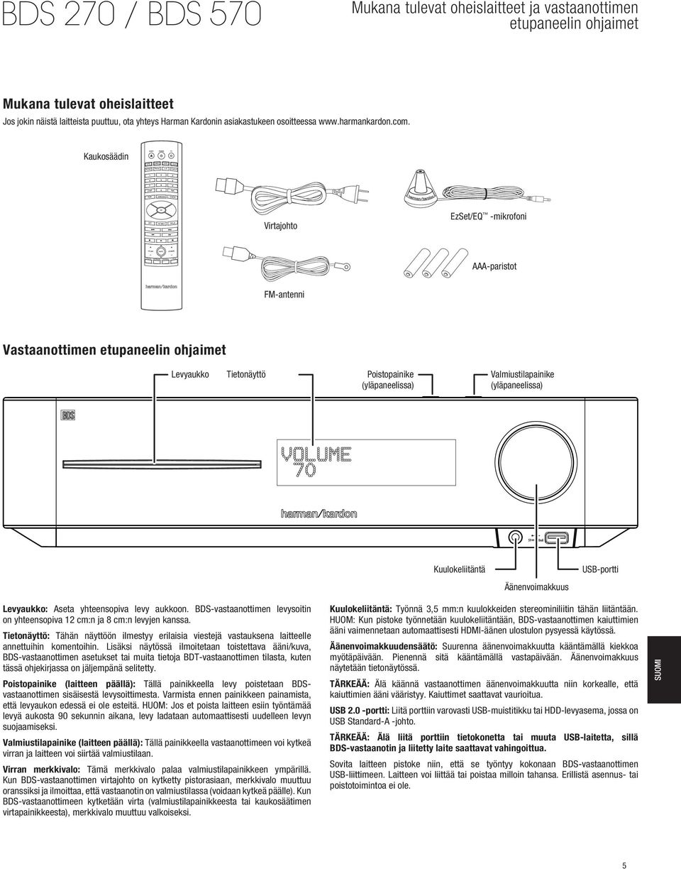 Kaukosäädin 1 4 7 2 5 8 0 3 6 9 TOP MENU POP-UP Virtajohto EzSet/EQ -mikrofoni + + AAA-paristot FM-antenni Vastaanottimen etupaneelin ohjaimet Levyaukko Tietonäyttö Poistopainike (yläpaneelissa)