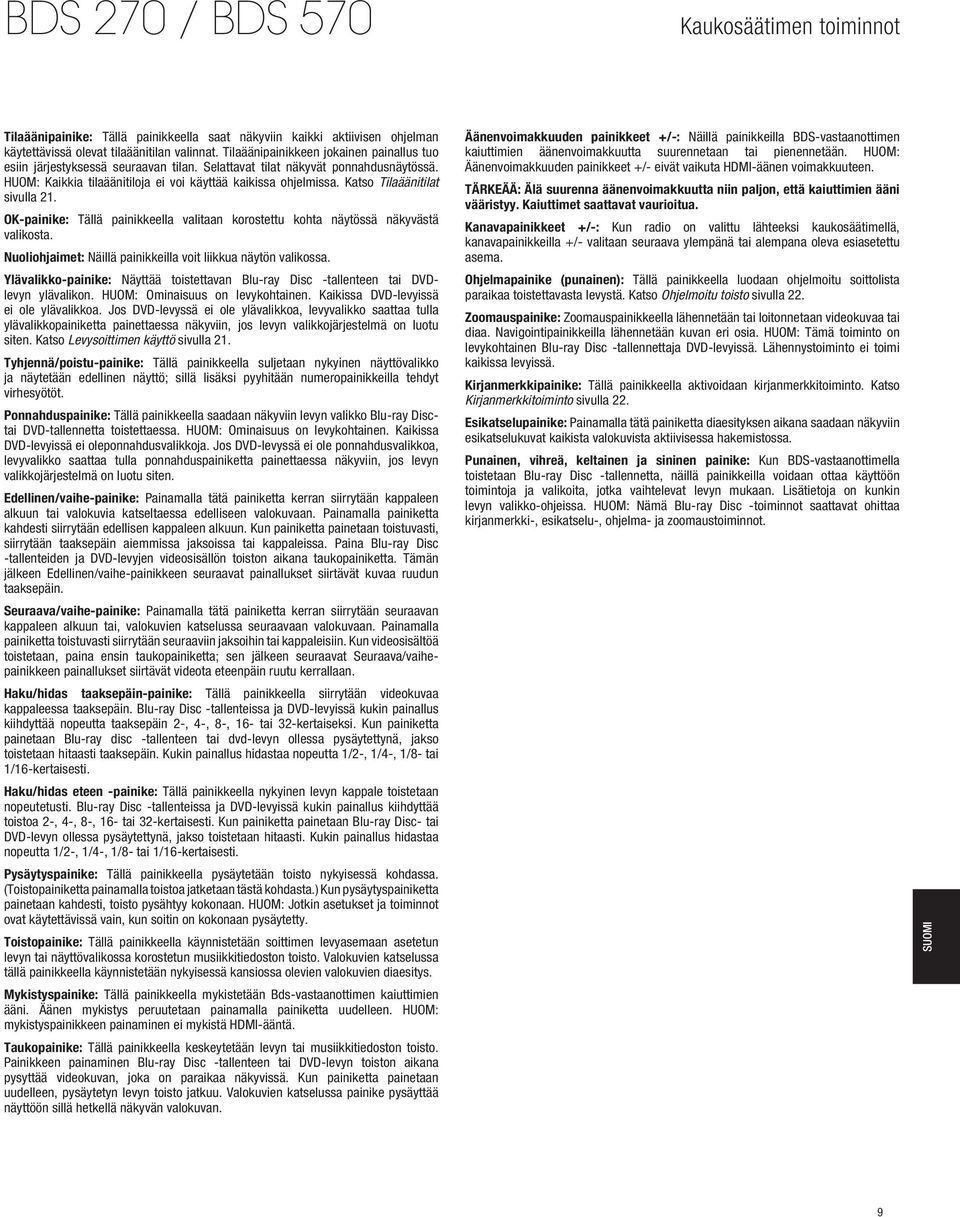 Katso Tilaäänitilat sivulla 21. OK-painike: Tällä painikkeella valitaan korostettu kohta näytössä näkyvästä valikosta. Nuoliohjaimet: Näillä painikkeilla voit liikkua näytön valikossa.