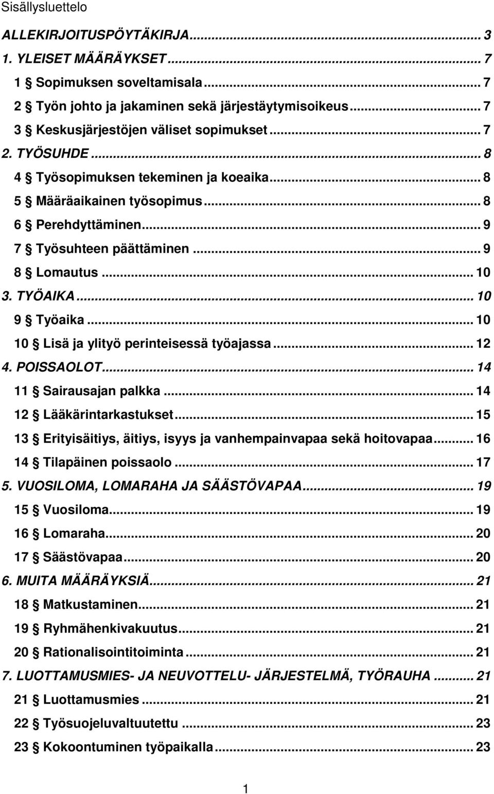 .. 10 10 Lisä ja ylityö perinteisessä työajassa... 12 4. POISSAOLOT... 14 11 Sairausajan palkka... 14 12 Lääkärintarkastukset... 15 13 Erityisäitiys, äitiys, isyys ja vanhempainvapaa sekä hoitovapaa.