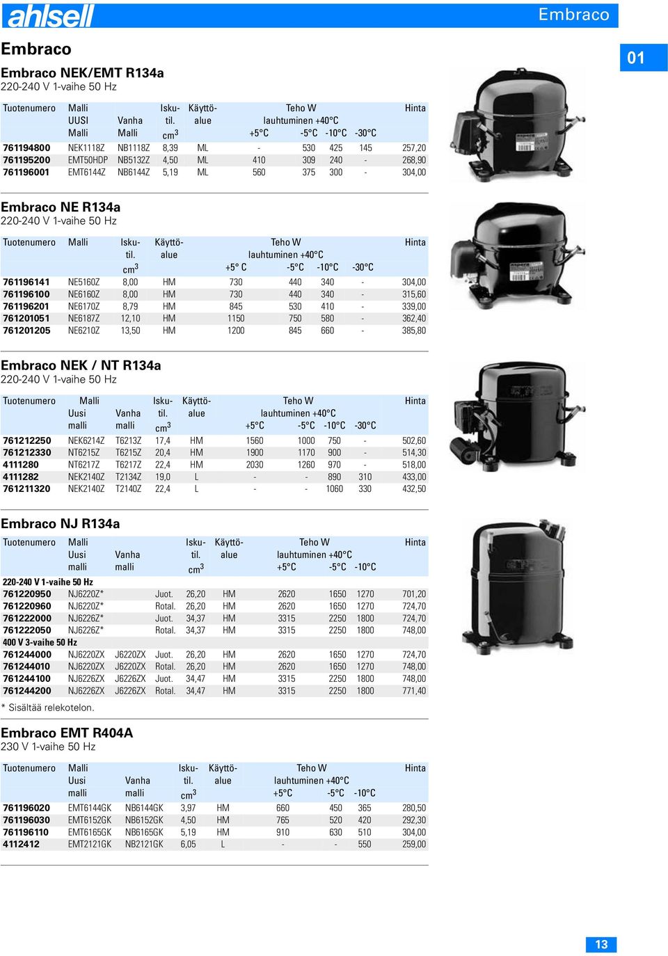 5,19 ML 560 375 300-304,00 Embraco NE R134a 220-240 V 1-vaihe 50 Hz Tuotenumero Malli Isku- Käyttö- Teho W Hinta til.