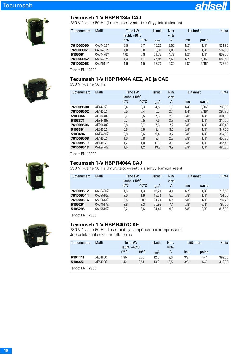 602,00 761003062 CAJ4492Y 1,4 1,1 25,95 5,60 1/2" 5/16" 688,50 761003063 CAJ4511Y 1,9 1,5 32,70 5,30 5,8" 5/16" 777,30 Tehot: EN 12900 Tecumseh 1-V HBP R404A AEZ, AE ja CAE 230 V 1-vaihe 50 Hz