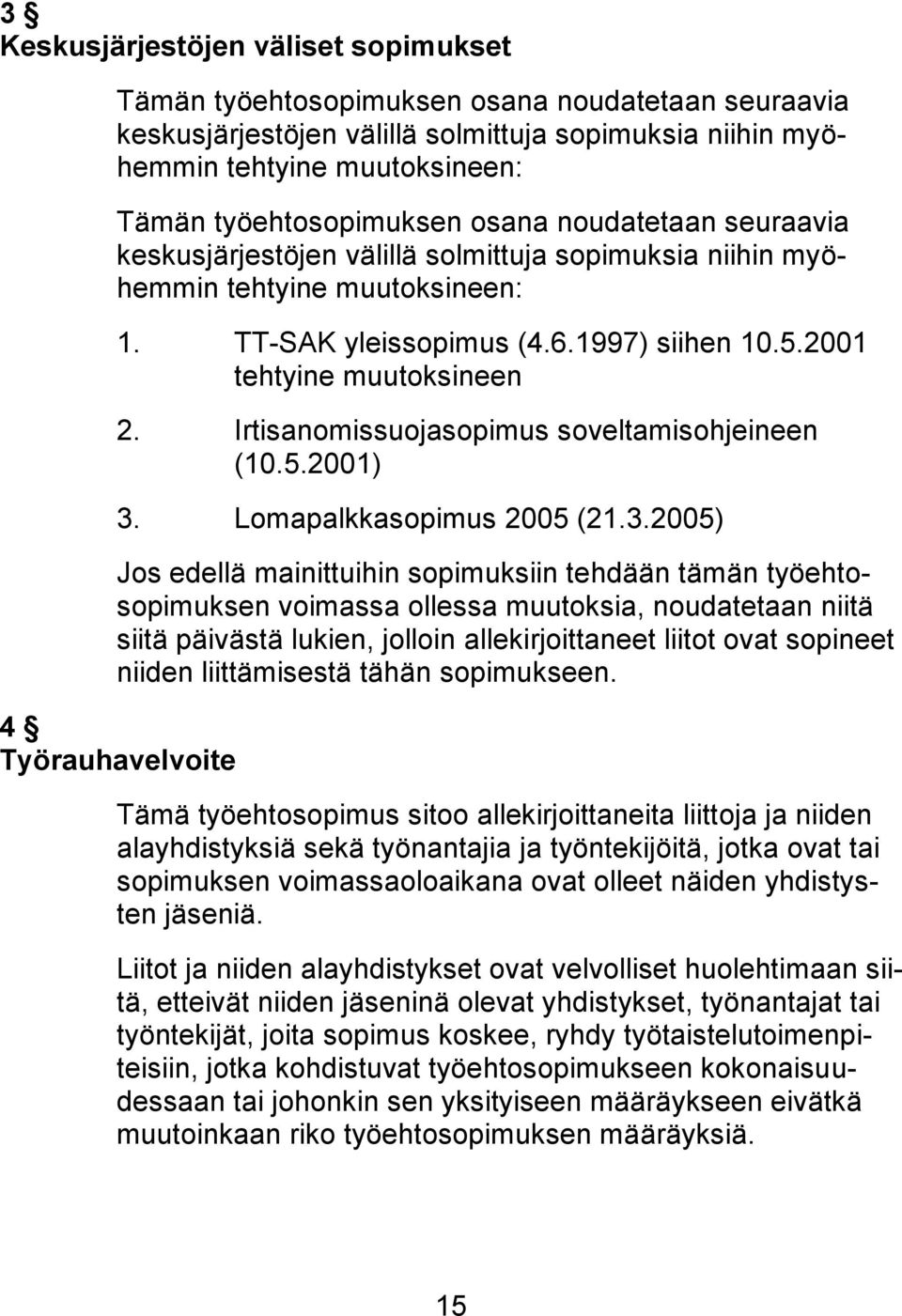 2001 tehtyine muutoksineen 2. Irtisanomissuojasopimus soveltamisohjeineen (10.5.2001) 3.