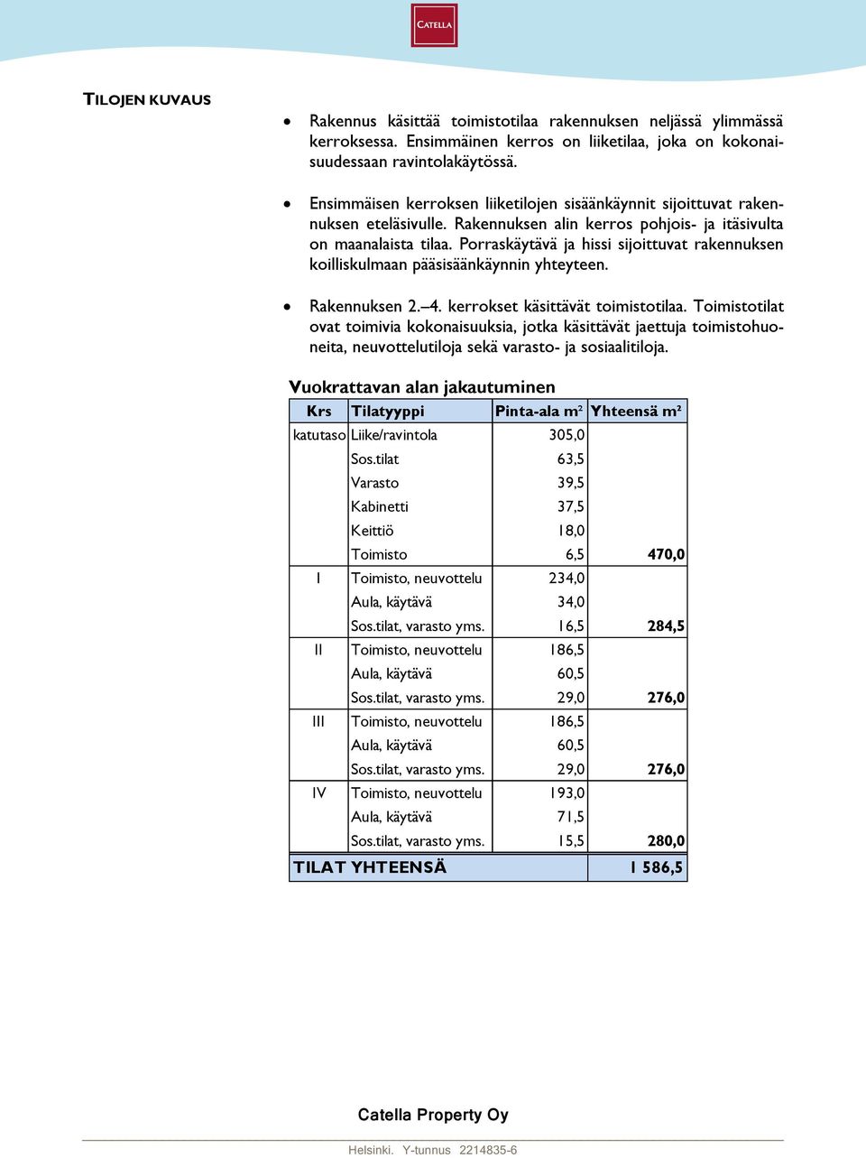 Porraskäytävä ja hissi sijoittuvat rakennuksen koilliskulmaan pääsisäänkäynnin yhteyteen. Rakennuksen 2. 4. kerrokset käsittävät toimistotilaa.