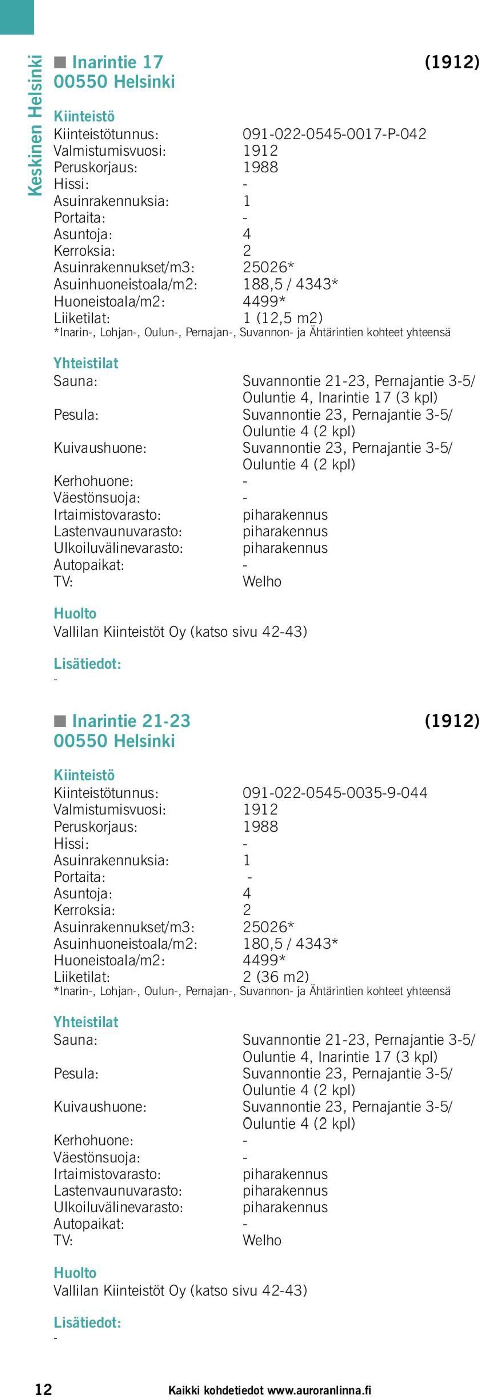 Ouluntie 4, Inarintie 17 (3 kpl) Suvannontie 23, Pernajantie 35/ Suvannontie 23, Pernajantie 35/ Lastenvaunuvarasto: Ulkoiluvälinevarasto: Vallilan t Oy (katso sivu 4243) K Inarintie 2123 (1912)