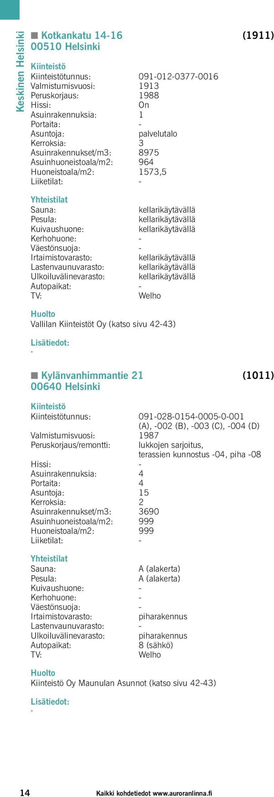 kellarikäytävällä Vallilan t Oy (katso sivu 4243) K Kylänvanhimmantie 21 (1011) 00640 Helsinki tunnus: 091028015400050001 (A), 002 (B), 003 (C), 004 (D) Valmistumisvuosi: 1987 Peruskorjaus/remontti: