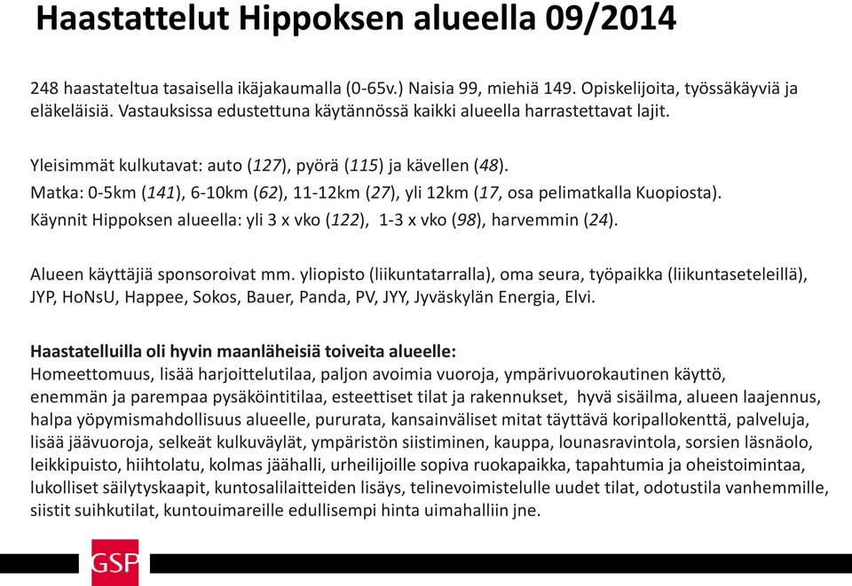 Matka: 0-5km (141), 6-10km (62), 11-12km (27), yli 12km (17, osa pelimatkalla Kuopiosta). Käynnit Hippoksen alueella: yli 3 x vko (122), 1-3 x vko (98), harvemmin (24).