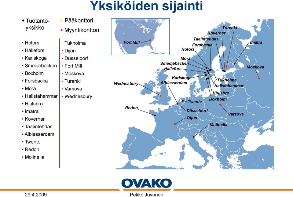 Turenki Varsova Wednesbury Yksiköiden sijainti Fort Mill Wednesbury Redon Mora Smedjebacken Hällefors Karlskoga Alblasserdam