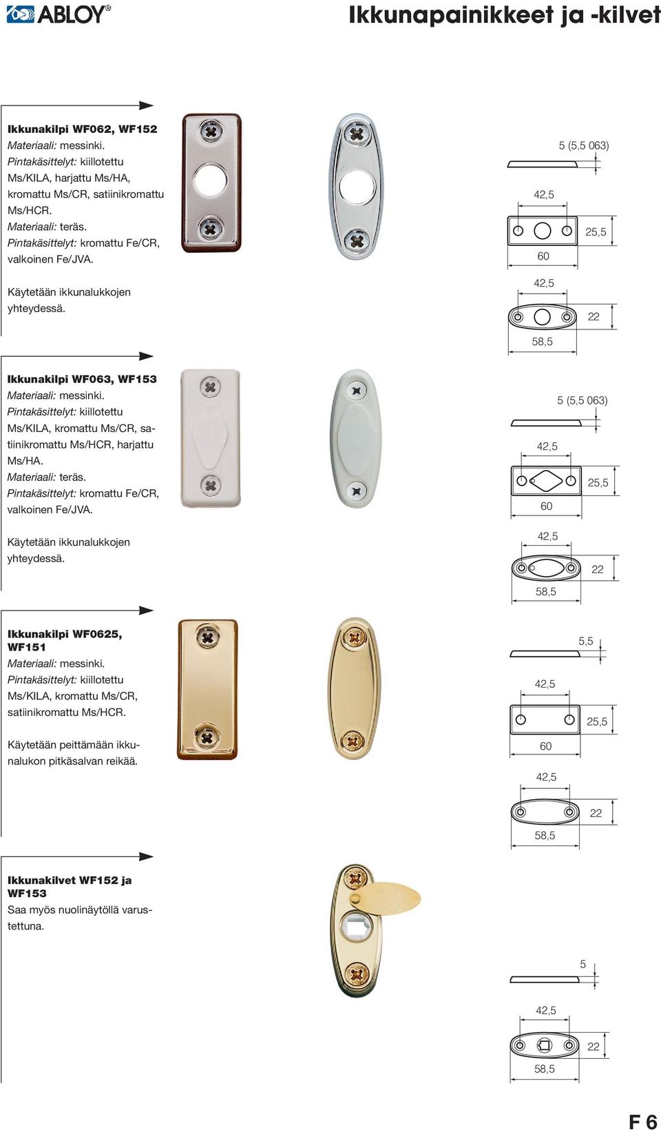 Ikkunakilpi WF063, WF153 Pintakäsittelyt: kiillotettu Ms/KILA, kromattu Ms/CR, satiinikromattu Ms/HCR, harjattu Ms/HA. Materiaali: teräs.