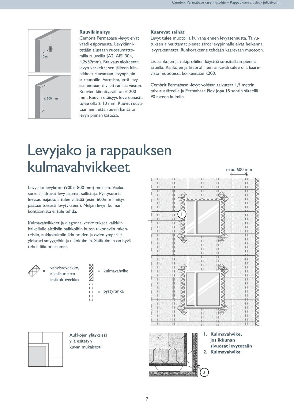 Ruuvin etäisyys levyreunasta tulee olla 0 mm. Ruuvit ruuvataan niin, että ruuvin kanta on levyn pinnan tasossa. Kaarevat seinät Levyt tulee muotoilla kuivana ennen levyasennusta.