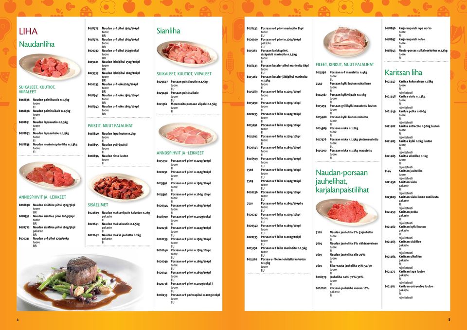 1,5kg ANSPIHV JA -LEIKKT 8018898 Naudan sisäfilee pihvi 150g/5kpl 8018754 Naudan sisäfilee pihvi 160g/5kpl 8018772 Naudan sisäfilee pihvi 180g/5kpl 8020231 Naudan u-f pihvi 120g/10kp 8018773 Naudan