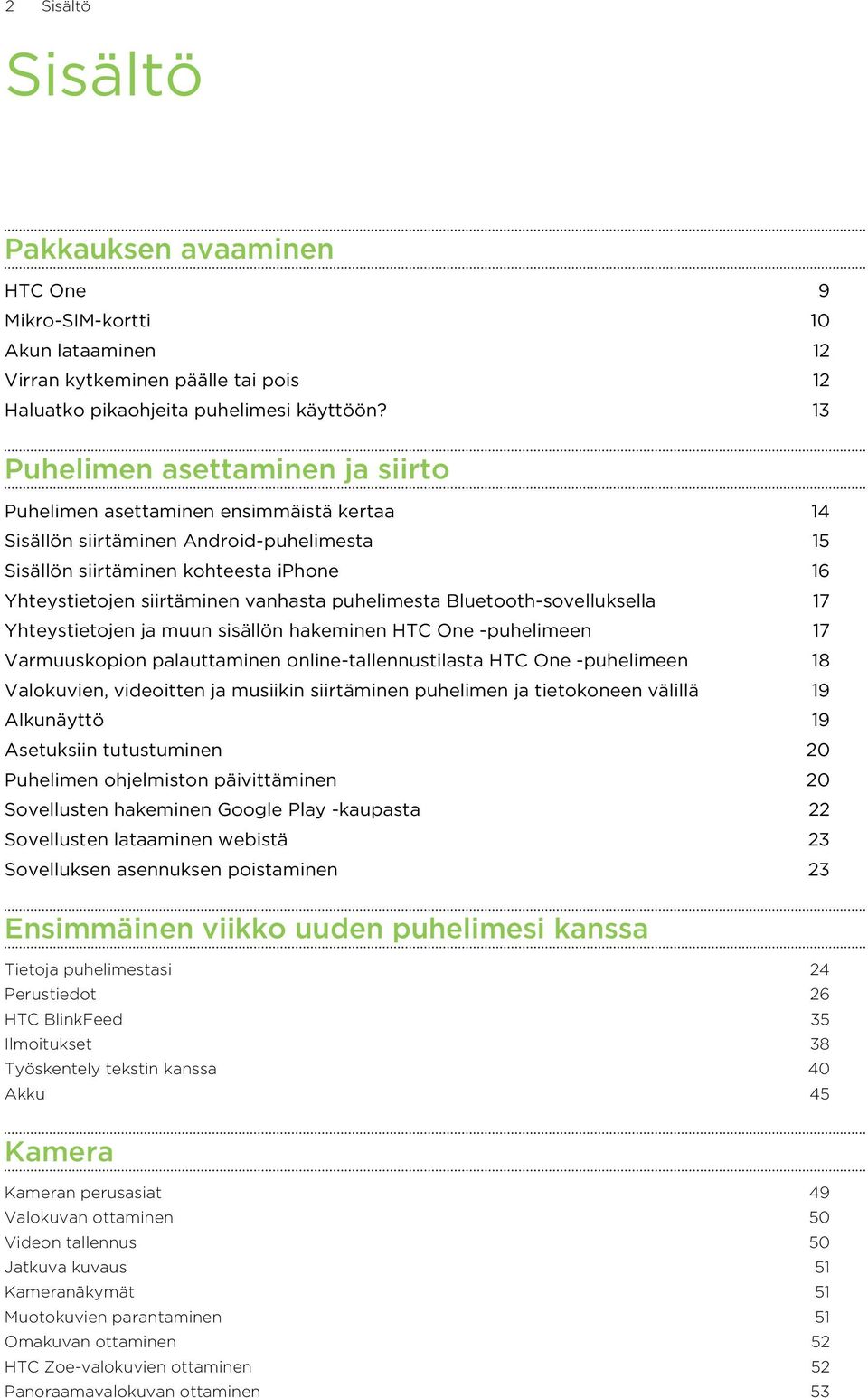 puhelimesta Bluetooth-sovelluksella 17 Yhteystietojen ja muun sisällön hakeminen HTC One -puhelimeen 17 Varmuuskopion palauttaminen online-tallennustilasta HTC One -puhelimeen 18 Valokuvien,