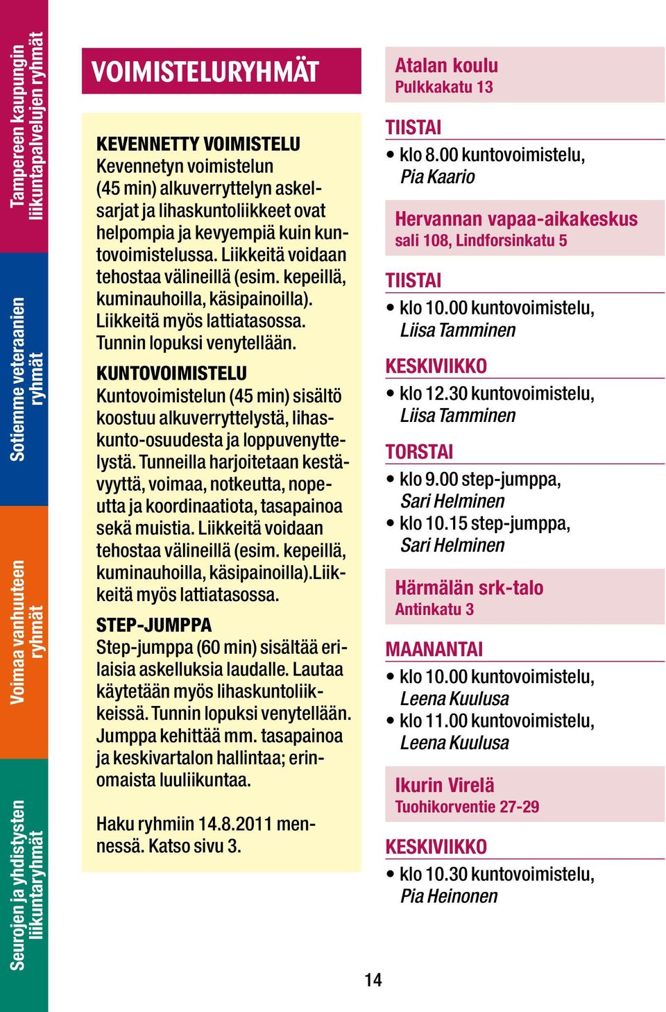 KUNTOVOIMISTELU Kuntovoimistelun (45 min) sisältö koostuu alkuverryttelystä, lihaskunto-osuudesta ja loppuvenyttelystä.