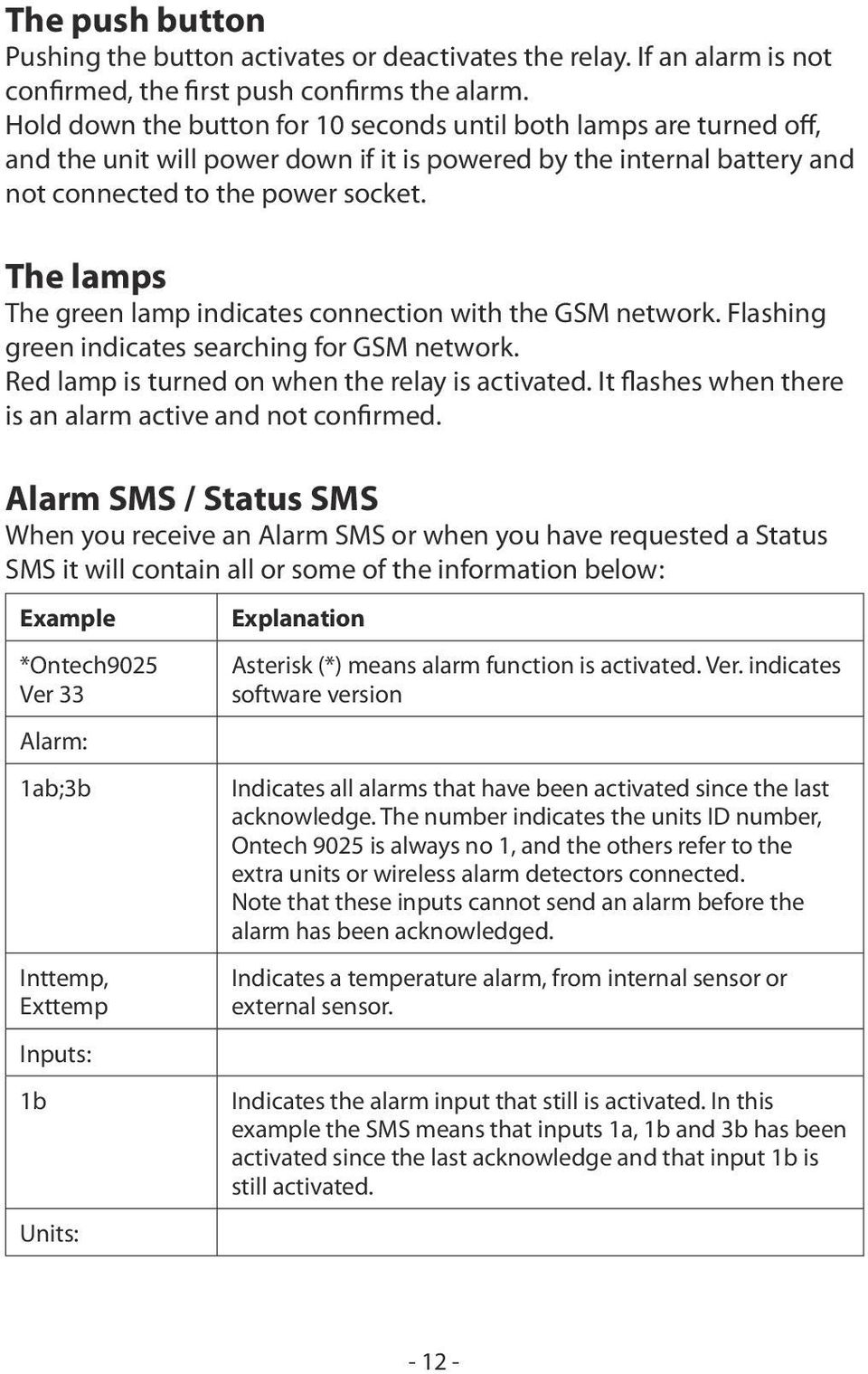 The lamps The green lamp indicates connection with the GSM network. Flashing green indicates searching for GSM network. Red lamp is turned on when the relay is activated.