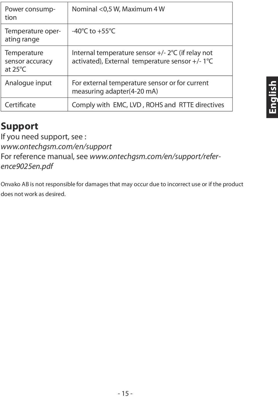 ma) Comply with EMC, LVD, ROHS and RTTE directives English Support If you need support, see : www.ontechgsm.com/en/support For reference manual, see www.