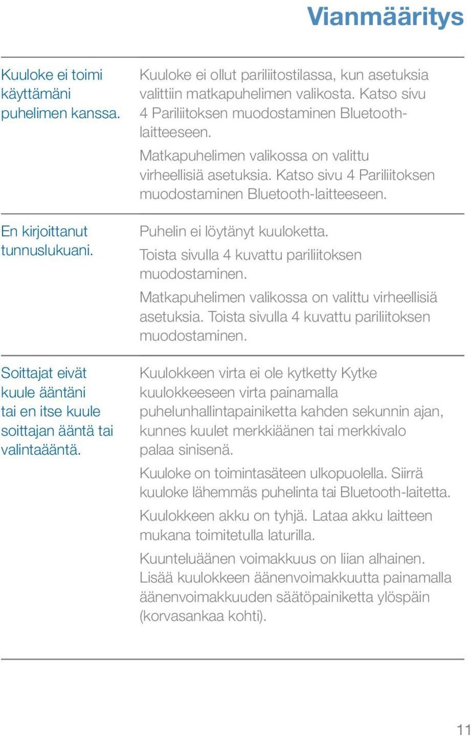 Matkapuhelimen valikossa on valittu virheellisiä asetuksia. Katso sivu 4 Pariliitoksen muodostaminen Bluetooth-laitteeseen. Puhelin ei löytänyt kuuloketta.