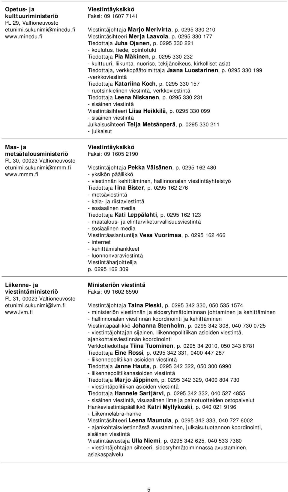 0295 330 210 Viestintäsihteeri Merja Laavola, p. 0295 330 177 Tiedottaja Juha Ojanen, p. 0295 330 221 - koulutus, tiede, opintotuki Tiedottaja Pia Mäkinen, p.