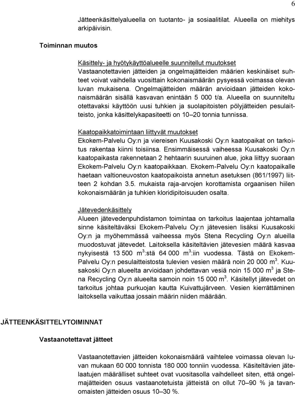 olevan luvan mukaisena. Ongelmajätteiden määrän arvioidaan jätteiden kokonaismäärän sisällä kasvavan enintään 5 000 t/a.