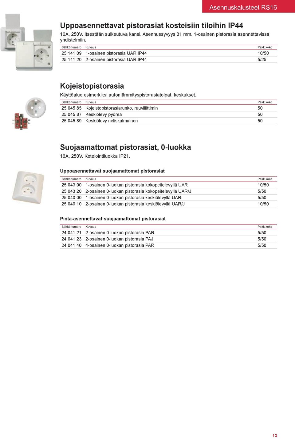 25 045 85 Kojeistopistorasiarunko, ruuviliittimin 50 25 045 87 Keskiölevy pyöreä 50 25 045 89 Keskiölevy neliskulmainen 50 Suojaamattomat pistorasiat, 0-luokka 16A, 250V. Kotelointiluokka IP21.