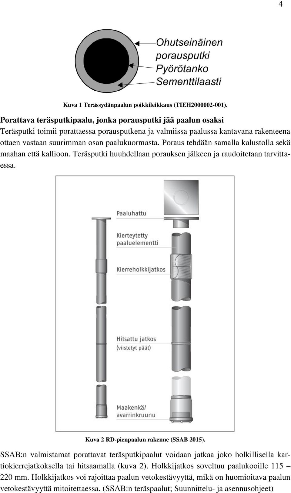 paalukuormasta. Poraus tehdään samalla kalustolla sekä maahan että kallioon. Teräsputki huuhdellaan porauksen jälkeen ja raudoitetaan tarvittaessa. Kuva 2 RD-pienpaalun rakenne (SSAB 2015).