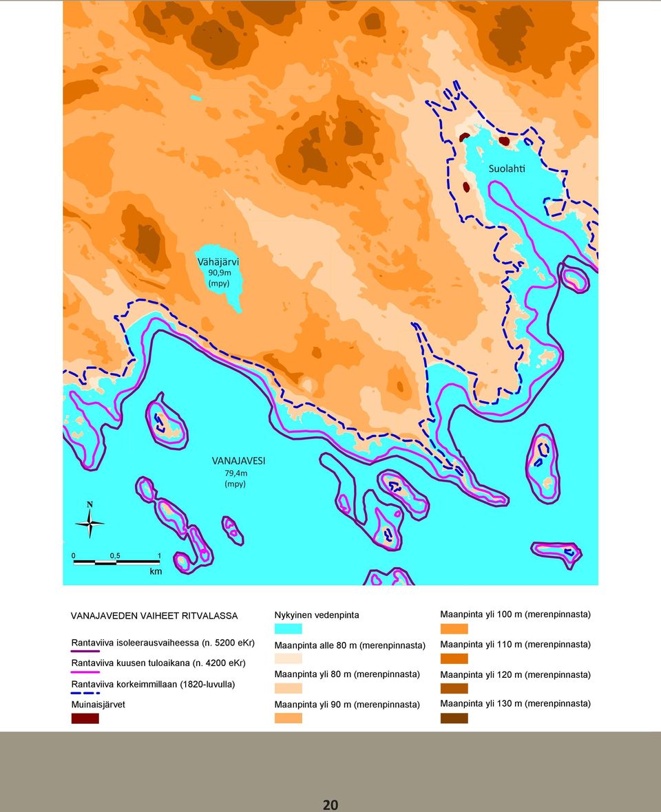 4200 ekr) Rantaviiva korkeimmillaan (1820-luvulla) VANAJAVESI Muinaisjärvet 79,4m (mpy) Nykyinen vedenpinta VANAJAVEDEN VAIHEET RITVALASSA Rantaviiva isoleerausvaiheessa (n.