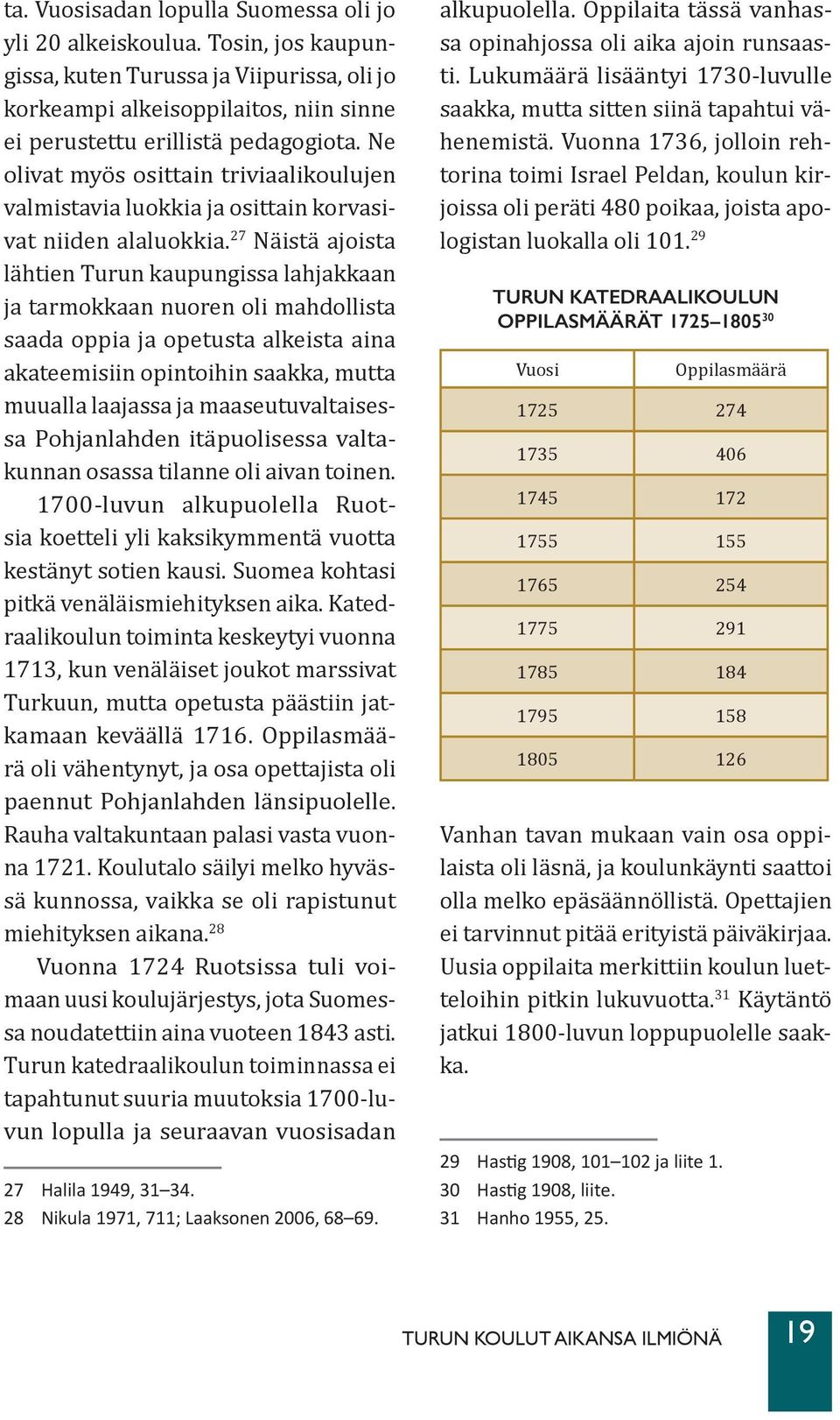 27 Näistä ajoista lähtien Turun kaupungissa lahjakkaan ja tarmokkaan nuoren oli mahdollista saada oppia ja opetusta alkeista aina akateemisiin opintoihin saakka, mutta muualla laajassa ja