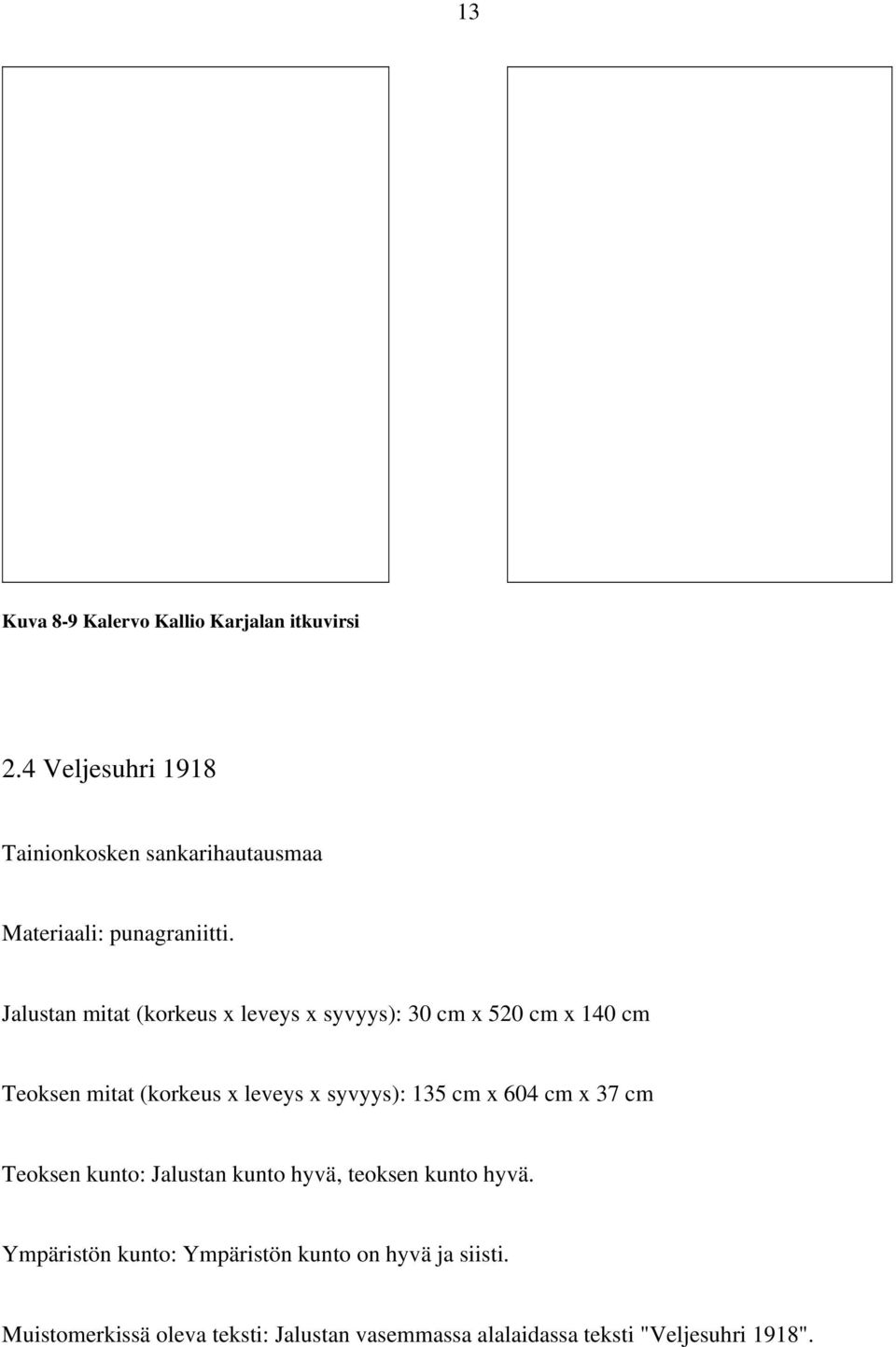 Jalustan mitat (korkeus x leveys x syvyys): 30 cm x 520 cm x 140 cm Teoksen mitat (korkeus x leveys x syvyys):