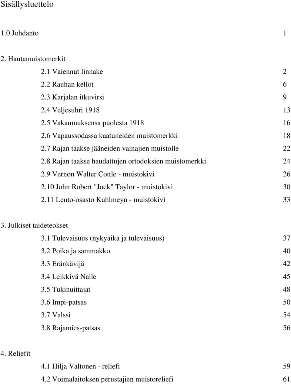 9 Vernon Walter Cottle - muistokivi 26 2.10 John Robert "Jock" Taylor - muistokivi 30 2.11 Lento-osasto Kuhlmeyn - muistokivi 33 3. Julkiset taideteokset 3.