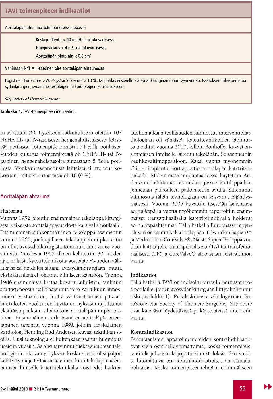 Päätöksen tulee perustua sydänkirurgien, sydänanestesiologien ja kardiologien konsensukseen. STS, Society of Thoracic Surgeons Taulukko 1. TAVI-toimenpiteen indikaatiot.. tu äskettäin (6).