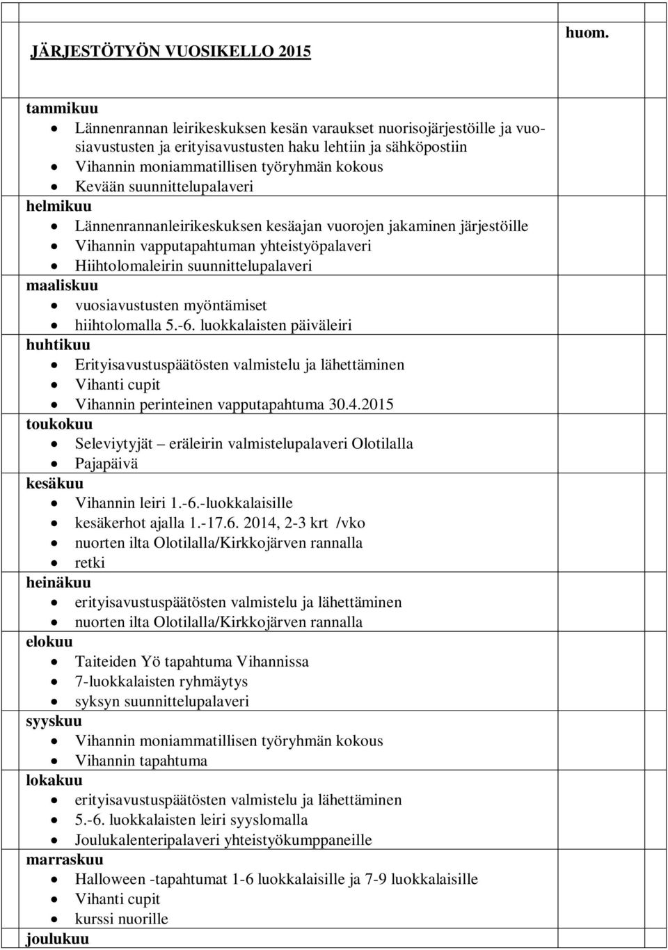 suunnittelupalaveri helmikuu Lännenrannanleirikeskuksen kesäajan vuorojen jakaminen järjestöille Vihannin vapputapahtuman yhteistyöpalaveri Hiihtolomaleirin suunnittelupalaveri maaliskuu