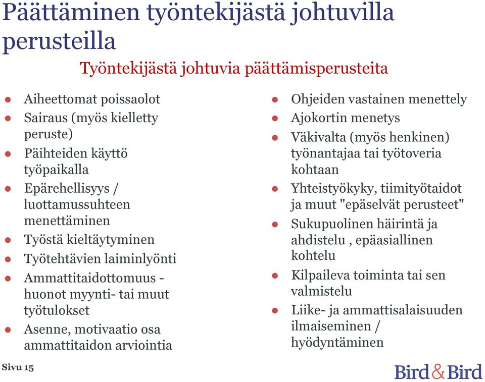 ammattitaidon arviointia Sivu 15 Ohjeiden vastainen menettely Ajokortin menetys Väkivalta (myös henkinen) työnantajaa tai työtoveria kohtaan Yhteistyökyky, tiimityötaidot ja