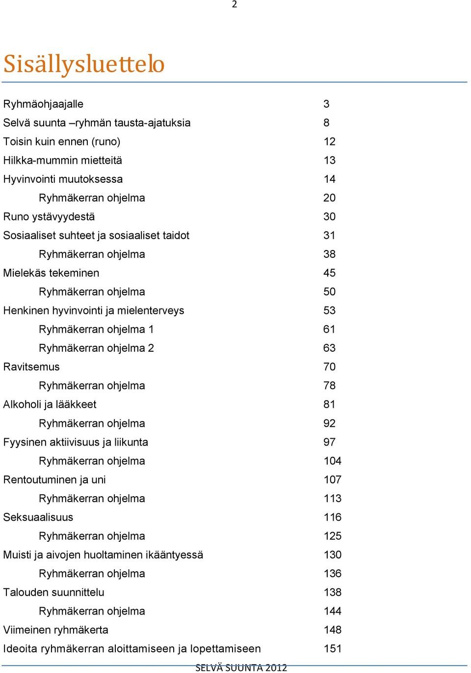 ohjelma 2 63 Ravitsemus 70 Ryhmäkerran ohjelma 78 Alkoholi ja lääkkeet 81 Ryhmäkerran ohjelma 92 Fyysinen aktiivisuus ja liikunta 97 Ryhmäkerran ohjelma 104 Rentoutuminen ja uni 107 Ryhmäkerran