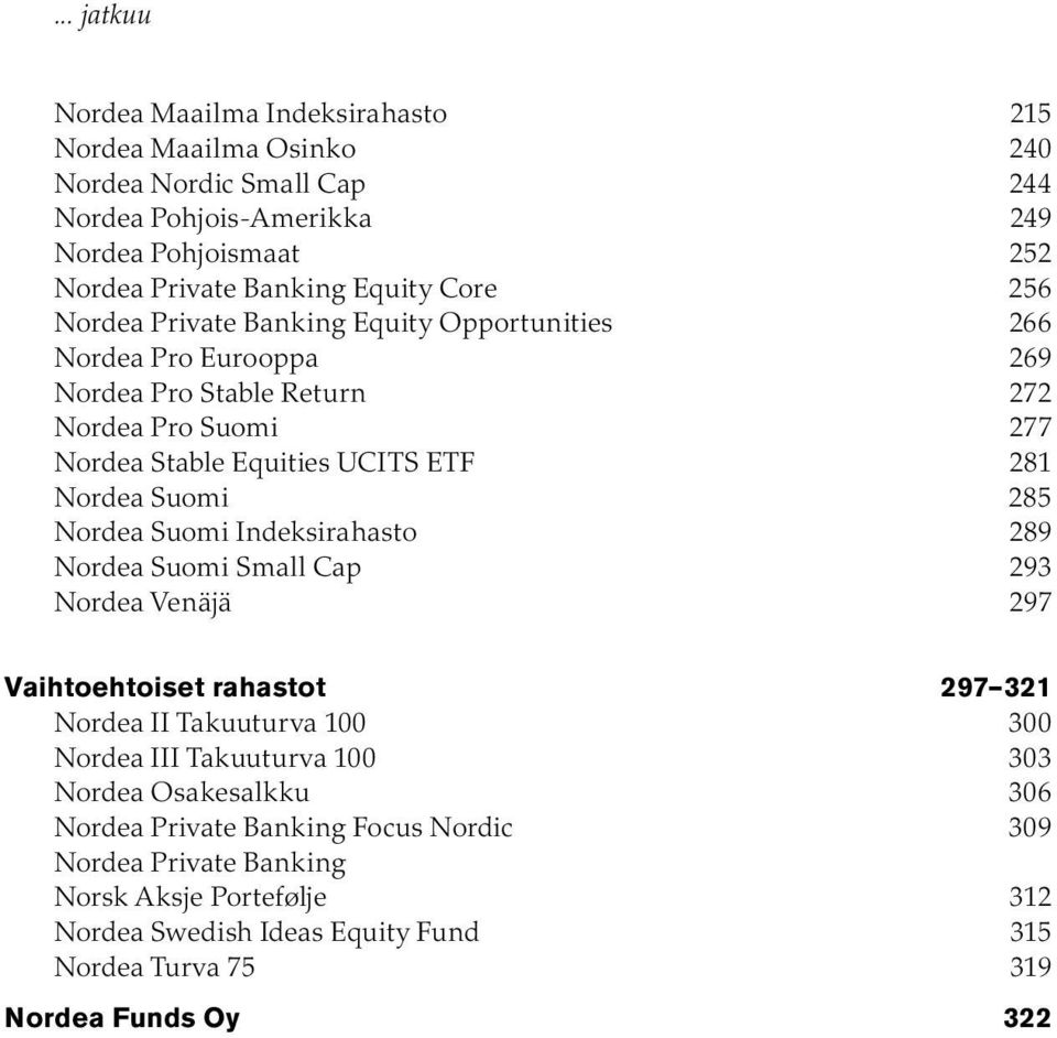 Nordea Suomi 285 Nordea Suomi Indeksirahasto 289 Nordea Suomi Small Cap 293 Nordea Venäjä 297 rahastot 297 321 Nordea II Takuuturva 100 300 Nordea III Takuuturva 100 303 Nordea