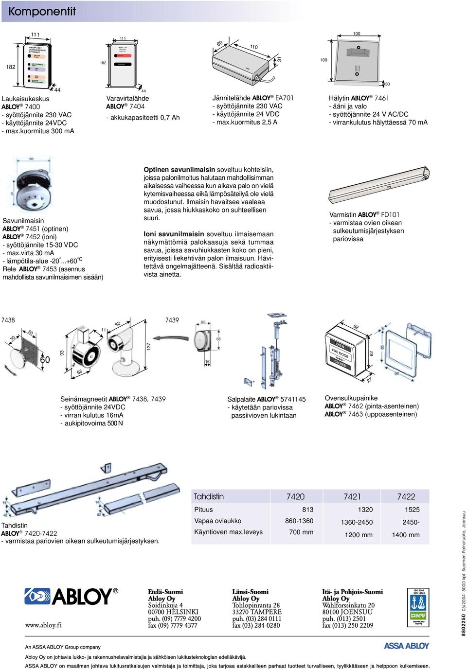 kuormitus 2,5 A Hälytin ABLOY 7461 - ääni ja valo - syöttöjännite 24 V AC/DC - virrankulutus hälyttäessä 70 ma 30 Savunilmaisin ABLOY 7451 (optinen) ABLOY 7452 (ioni) - syöttöjännite 15-30 VDC - max.