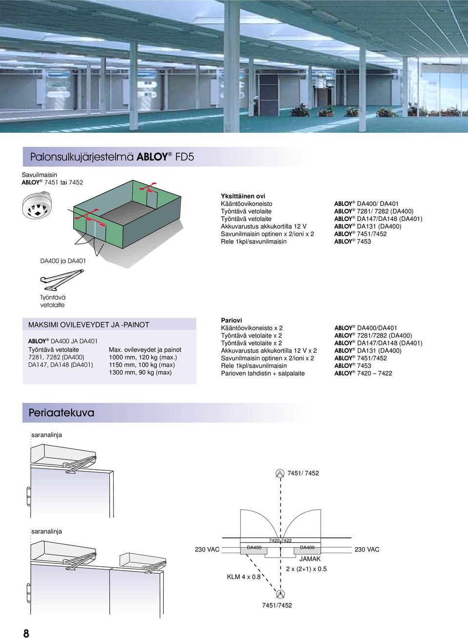 JA -PAINOT ABLOY DA400 JA DA401 Työntävä vetolaite Max. ovileveydet ja painot 7281, 7282 (DA400) 1000 mm, 120 kg (max.