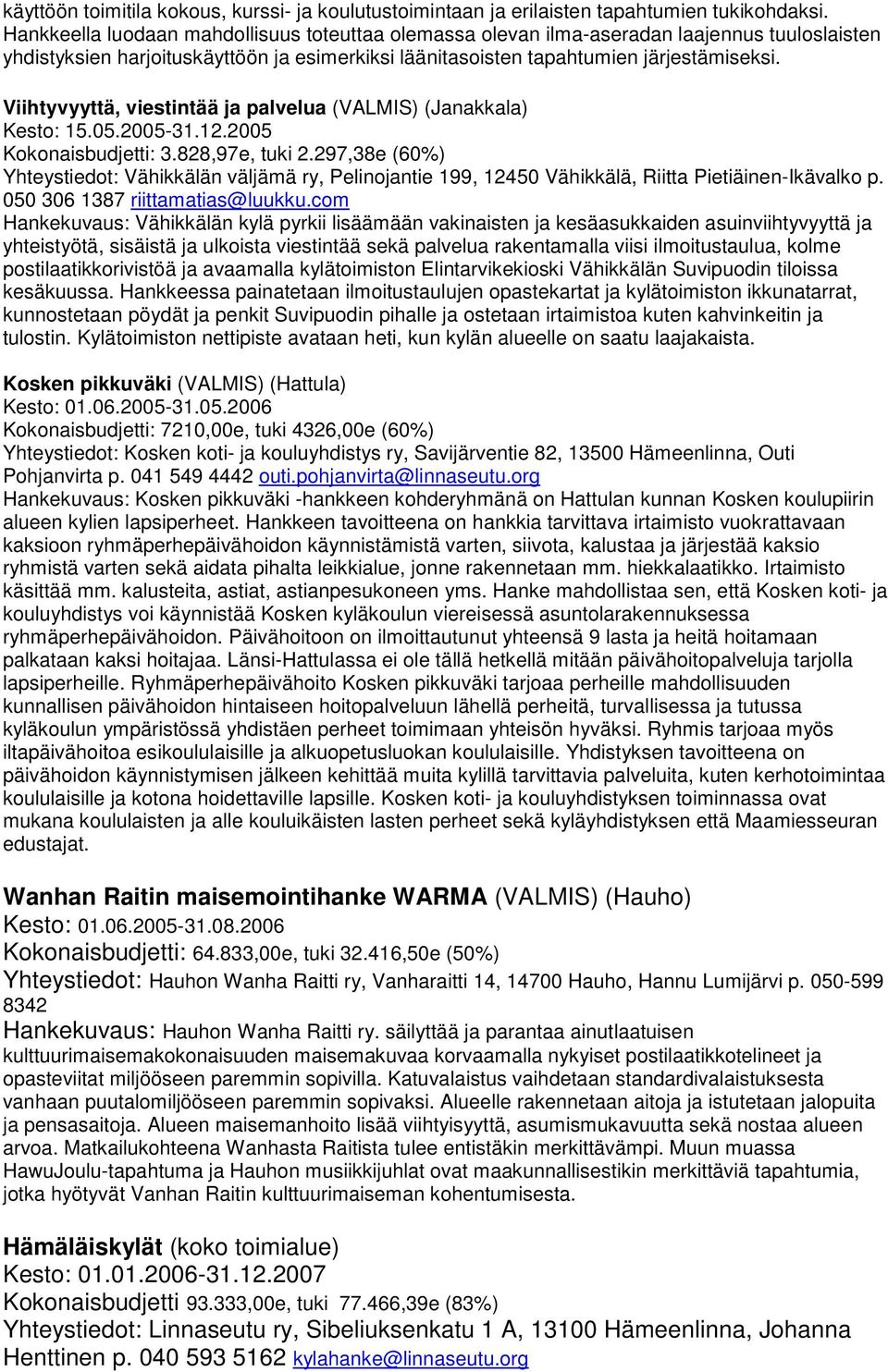 Viihtyvyyttä, viestintää ja palvelua (VALMIS) (Janakkala) Kesto: 15.05.2005-31.12.2005 Kokonaisbudjetti: 3.828,97e, tuki 2.