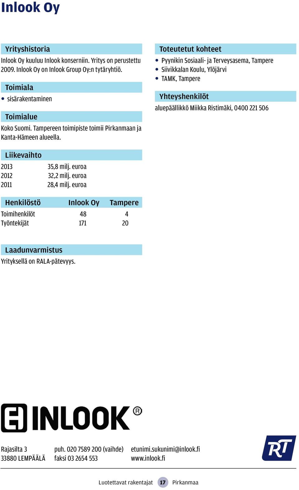 Toteutetut kohteet Pyynikin Sosiaali- ja Terveysasema, Tampere Siivikkalan Koulu, Ylöjärvi TAMK, Tampere aluepäällikkö Miikka Ristimäki, 0400 221 506 2013 35,8 milj.